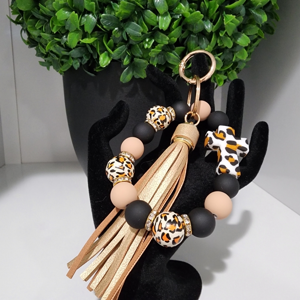NWT Black & Tan Animal Print Faith Keyring Tassel Beaded Bracelet